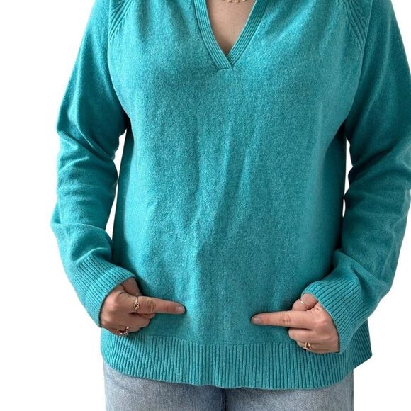 Lands Ends Womens Teal Blue 100% Cashmere Soft V Neck Collared Sweater Sz XL - Picture 7 of 8